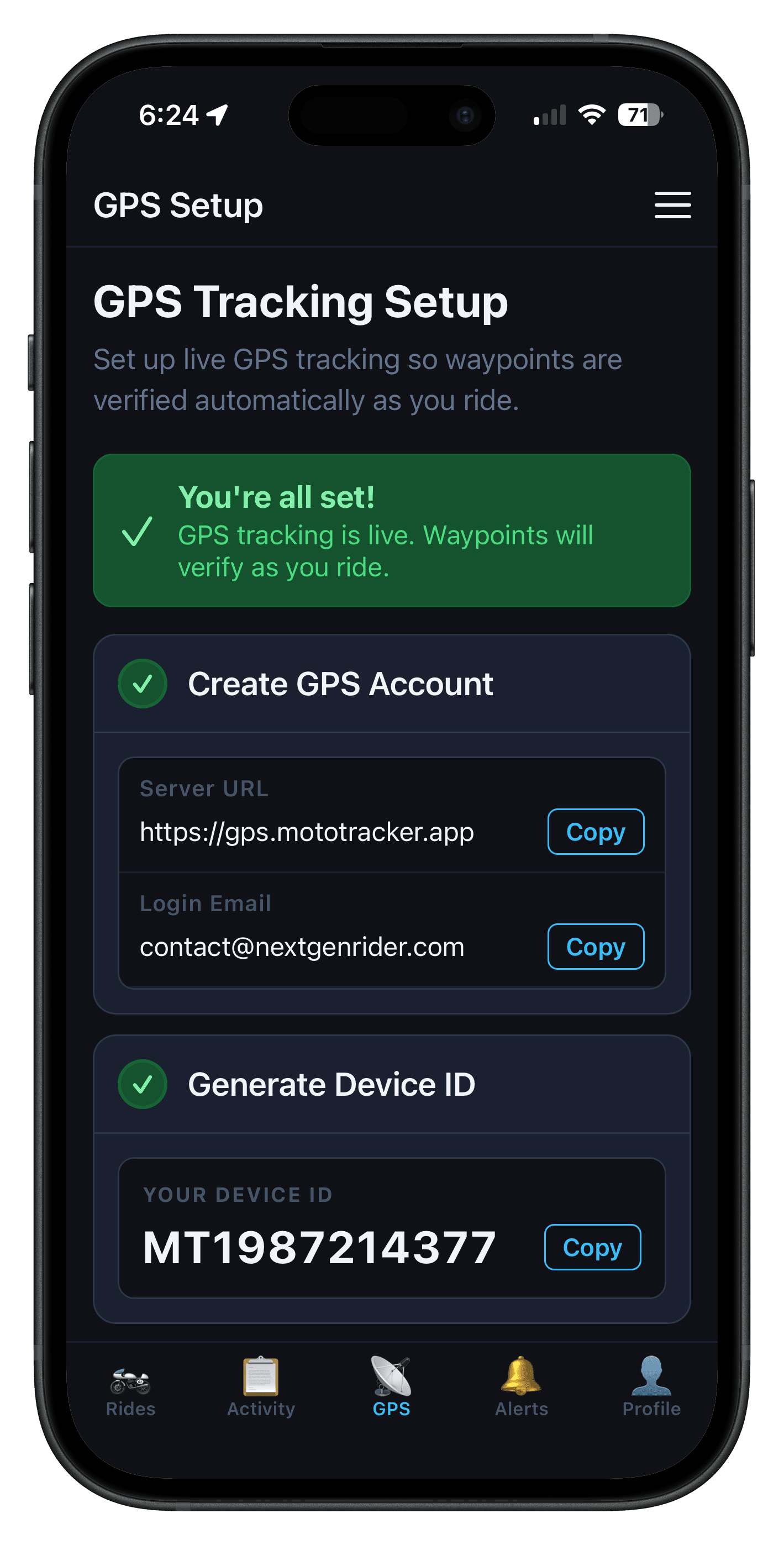 MotoTracker app — GPS waypoint detection screen