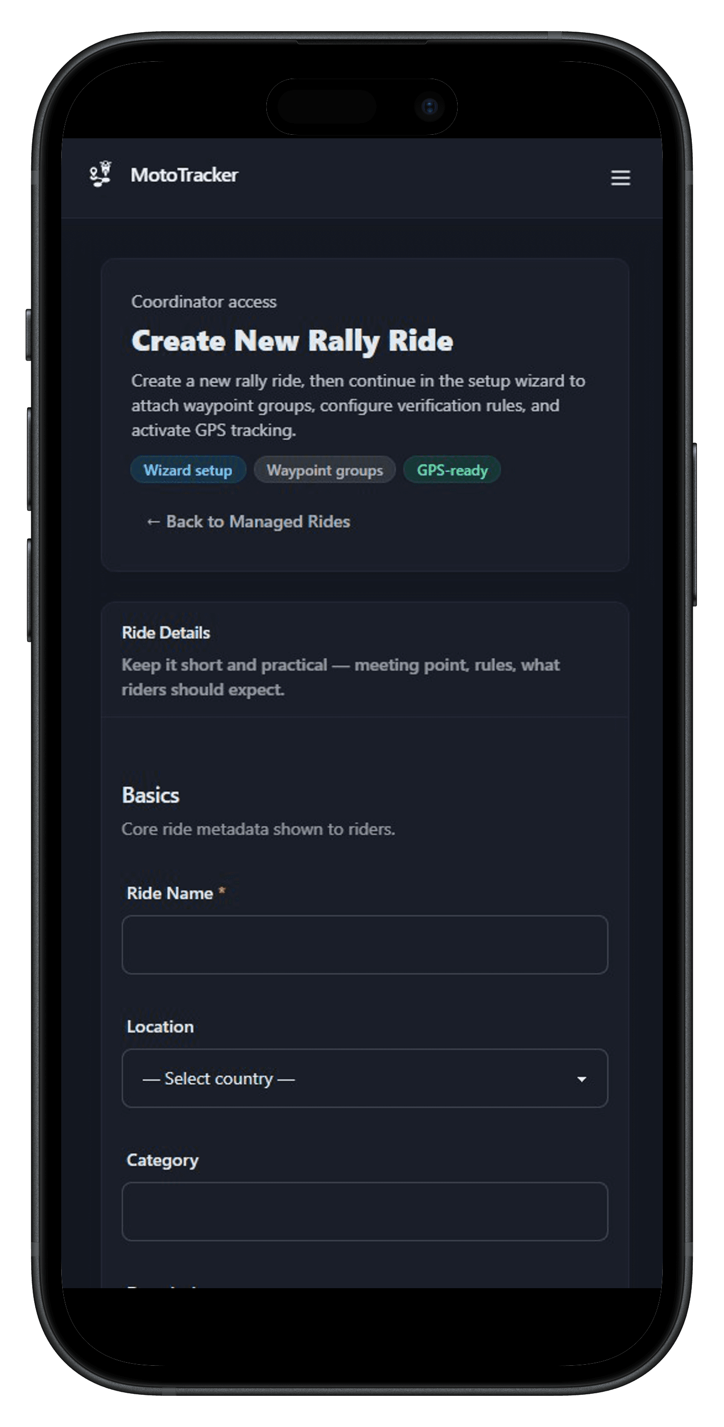 MotoTracker app — rally builder