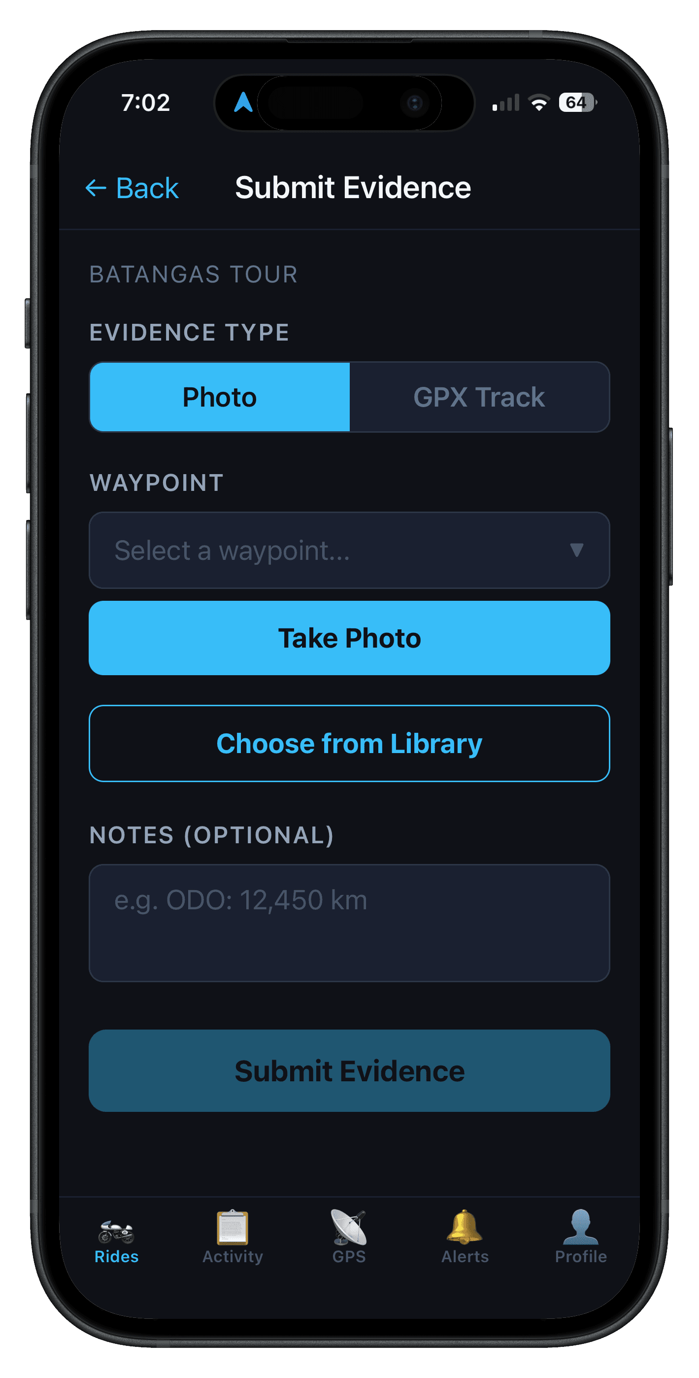 MotoTracker — photo evidence capture screen