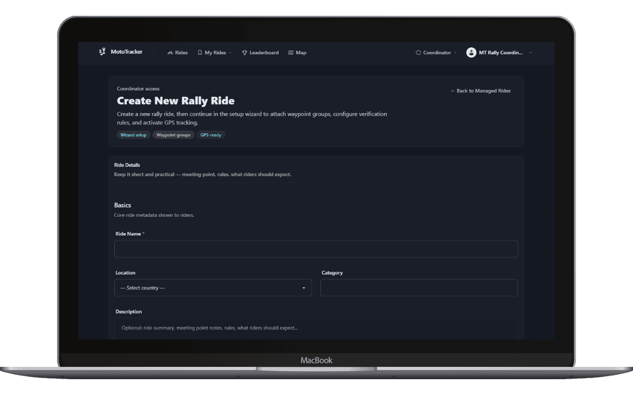 MotoTracker — rally creation setup screen