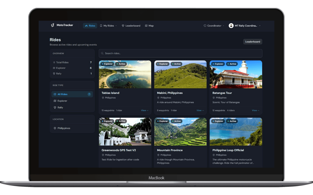 MotoTracker app — rally rides list